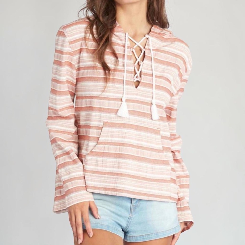 Roxy Paradise Calling Striped‎ Lace Up Hoodie Women's XL Jerga Boho Festival NWT